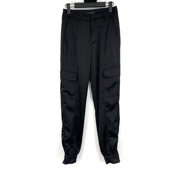 Love Tree Jogger Pants Black Satin Cargo Pocket High Rise - Picture 1 of 8